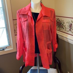 Salmon Chico’s lightweight polyester jacket, blouse with adjustable sleeves